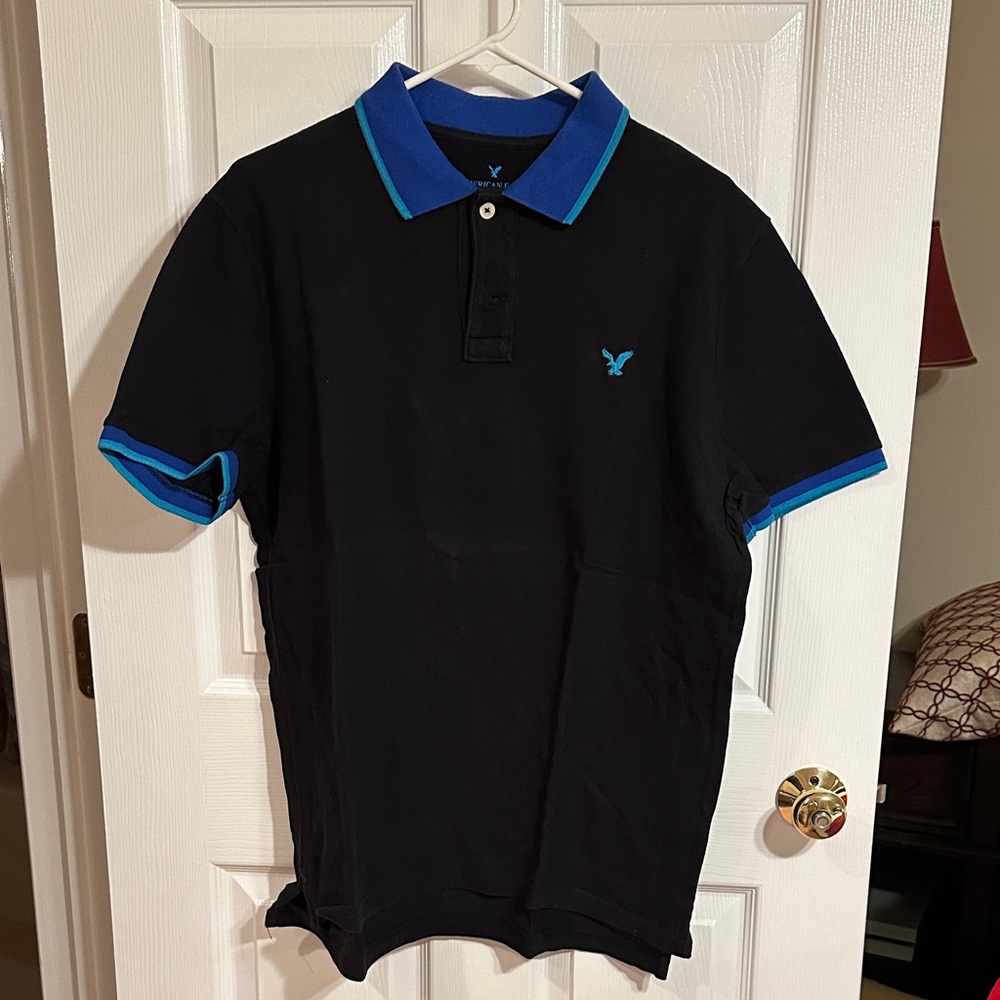 American Eagle Outfitters Black Polo with Blue Trim